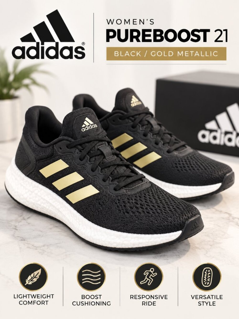 adidas Women's Pureboost 21 in the "Black Gold Metallic" colorway